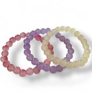 Purple White Pink Bohemian Handmade Set Of 3 Stretch Bracelets